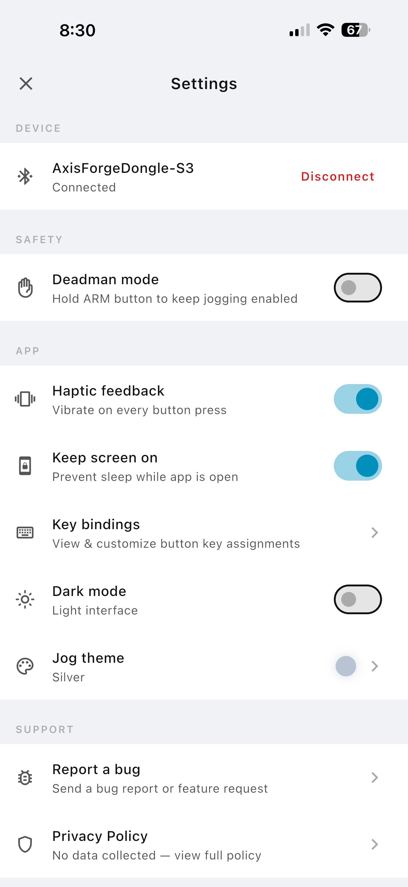 Settings screen