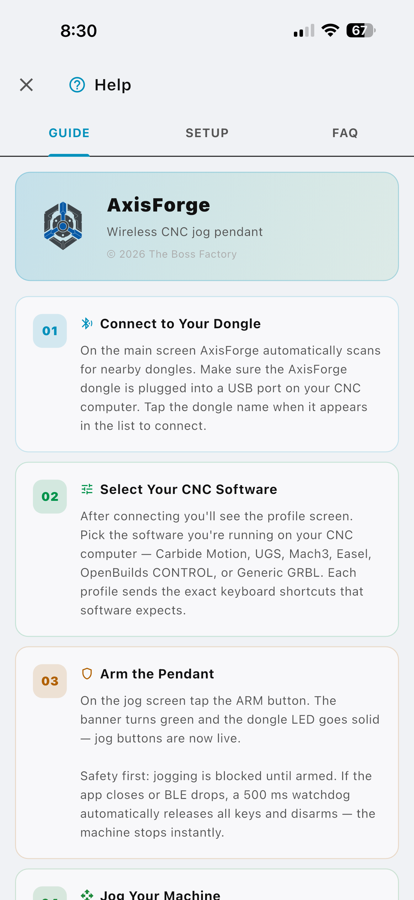 Help screen — guides and documentation