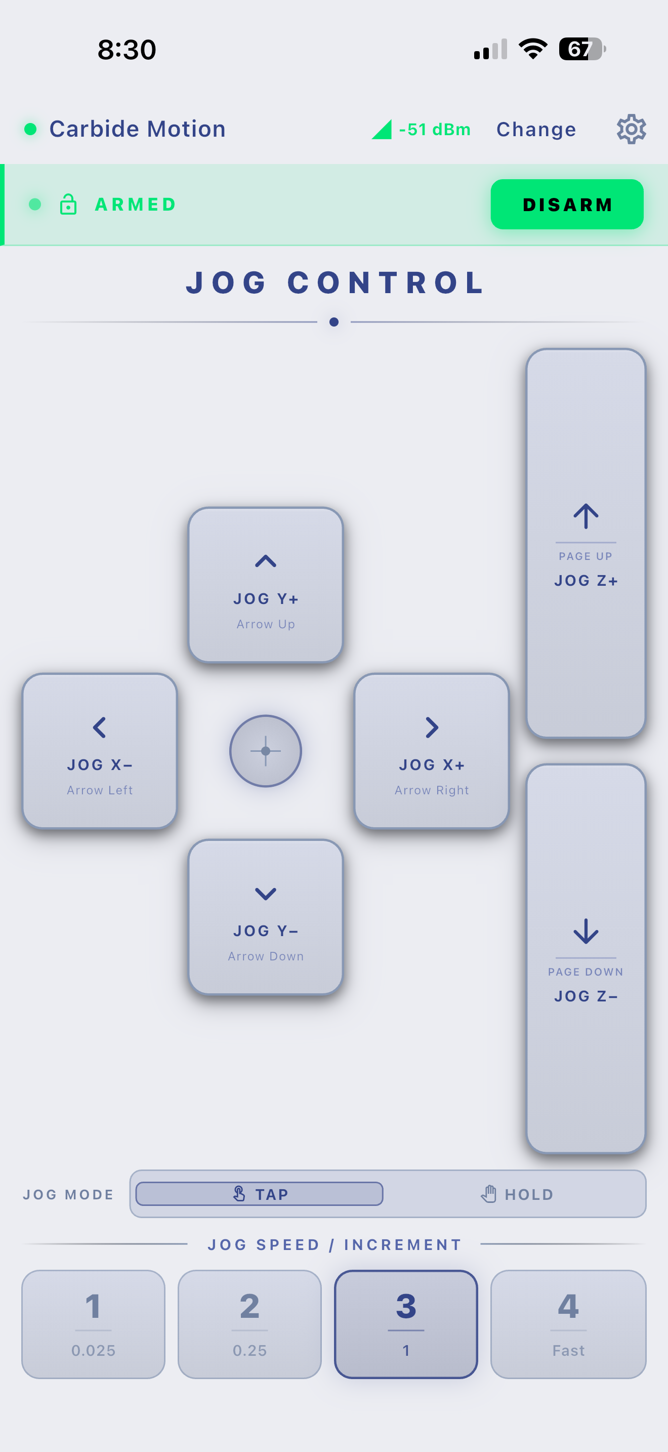 Jog Control screen — light theme